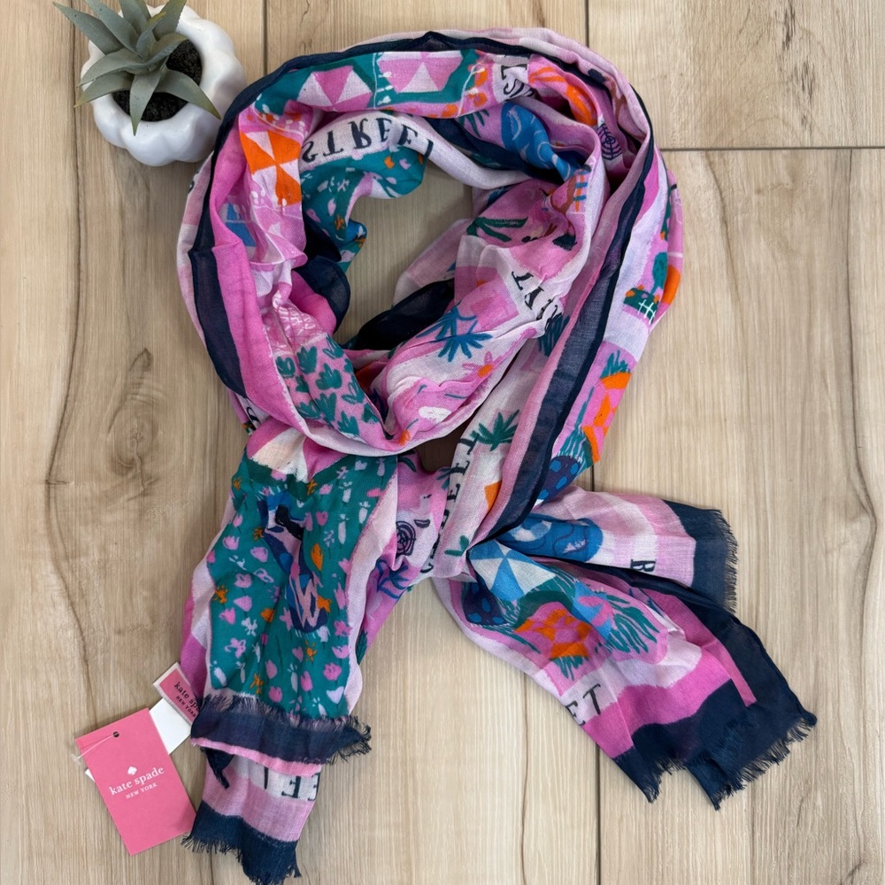 NWT Kate Spade  NYC Rooftop Scene Oblong  Scarf/Shawl in Bright Peony (27x 79)